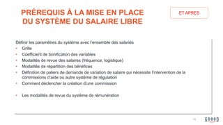 Définir les paramètres du système avec l’ensemble des salariés
• Grille
• Coefficient de bonification des variables
• Modalités de revue des salaires (fréquence, logistique)
• Modalités de répartition des bénéfices
• Définition de paliers de demande de variation de salaire qui nécessite l’intervention de la
commissions d’aide ou autre système de régulation
• Comment déclencher la création d’une commission
• Les modalités de revue du système de rémunération
PRÉREQUIS À LA MISE EN PLACE
DU SYSTÈME DU SALAIRE LIBRE
ET APRES
15
 