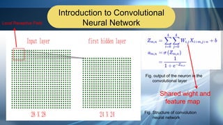Introduction to Convolutional
Neural Network
Fig. Structure of convolution
neural network
Local Receptive Field
Fig. output of the neuron in the
convolutional layer
Shared wight and
feature map
 