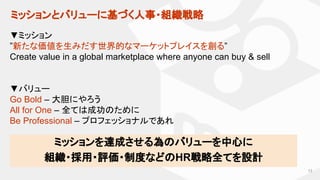 ミッションとバリューに基づく人事・組織戦略
13
▼ミッション
”新たな価値を生みだす世界的なマーケットプレイスを創る”
Create value in a global marketplace where anyone can buy & sell
▼バリュー
Go Bold – 大胆にやろう
All for One – 全ては成功のために
Be Professional – プロフェッショナルであれ
ミッションを達成させる為のバリューを中心に
組織・採用・評価・制度などのHR戦略全てを設計
 