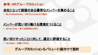 参考：HRグループのミッション
当社にとって価値のある優秀なメンバーを集めること
• Be Professional – プロフェッショナルであれ
メンバーが思い切り働ける環境をつくること
• All for One – 全ては成功のために
思い切りやったことに対して、適正に評価すること
• Go Bold – 大胆にやろう
グループのミッションもバリューに紐付けて設計
 