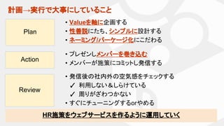 計画→実行で大事にしていること
Plan
• Valueを軸に企画する
• 性善説にたち、シンプルに設計する
• ネーミング/パーケージ化にこだわる
Action
• プレゼンしメンバーを巻き込む
• メンバーが施策にコミットし発信する
Review
• 発信後の社内外の空気感をチェックする
✓ 利用しない＆しらけている
✓ 周りがざわつかない
• すぐにチューニングするorやめる
HR施策をウェブサービスを作るように運用していく
 