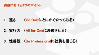 1. 速さ （Go Boldにとにかくやってみる）
2. 実行力 （All for Oneに浸透させる）
3. 性善説 （Be Professionalに社員を信じる）
30
実践における3つのポイント
 