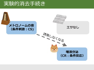 実験的消去手続き
メトロノームの音
（条件刺激：CS)
唾液分泌
（CR：条件反応）
エサなし
 