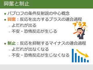  パブロフの条件反射説の中心概念
 興奮：反応を出力するプラスの連合過程
‒ よだれが出る
‒ 不安・恐怖反応が生じる
 制止：反応を抑制するマイナスの連合過程
‒ よだれが出なくなる
‒ 不安・恐怖反応が生じなくなる
興奮と制止
 