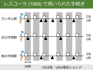  5秒ごとの平均反応回数
 CS前は群差なし
 CS提示
正の予測 ⇒ 反応加速
ランダム ⇒ 変化なし
負の予測 ⇒ 反応減速
 負の予測群でCSは
安全信号になった
レスコーラ (1966)の実験結果
 