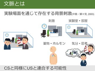 代表的な恐怖症状の再発メカニズム
 復元 (renewal)
 自発的回復 (spontaneous recovery)
 復位 (reinstatement)
 急速な再獲得 (rapid reacquisition)
 