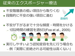  目標：制止性連合の獲得を最大化する
 従来（馴化）アプローチ
‒ Within-session, between-session 馴化
‒ 不安の減少に焦点
 制止学習アプローチ
‒ 不安への耐性をつけることを目的とする
制止学習理論に基づく戦略
 