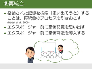  感情ラベリング：感情に名前をふること
 考えを変えようとするのではなく、自分の感
情をそのまま述べる
 エクスポージャーとしても利用可能
 前頭皮質を活性化し偏桃体活動を抑制(Lieberman et al., 2007)
 感情ﾗﾍﾞﾙと対呈示した刺激への反応減少(Tabibnia et al., 2008)
さらに制止学習を促進するために
恐怖・不安・抑うつ
焦燥感恐れ、不安の
対象・思考・感覚
× この不安をなんとか
しなきゃいけない。
× 落ちつかなくちゃ。
 