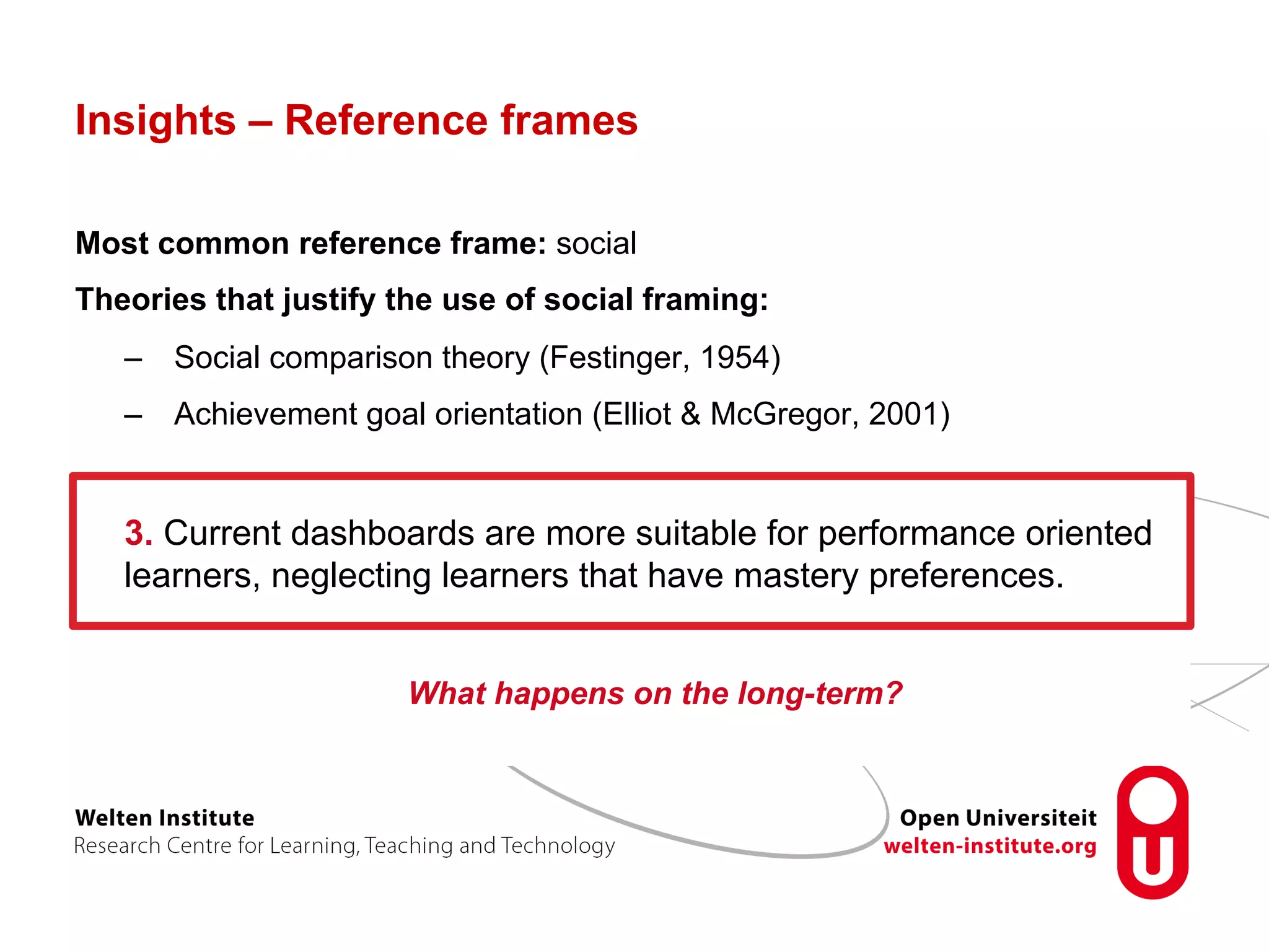 Insights – Reference frames
Most common reference frame: social
Theories that justify the use of social framing:
–  Social comparison theory (Festinger, 1954)
–  Achievement goal orientation (Elliot & McGregor, 2001)
3. Current dashboards are more suitable for performance oriented
learners, neglecting learners that have mastery preferences.
What happens on the long-term?
 