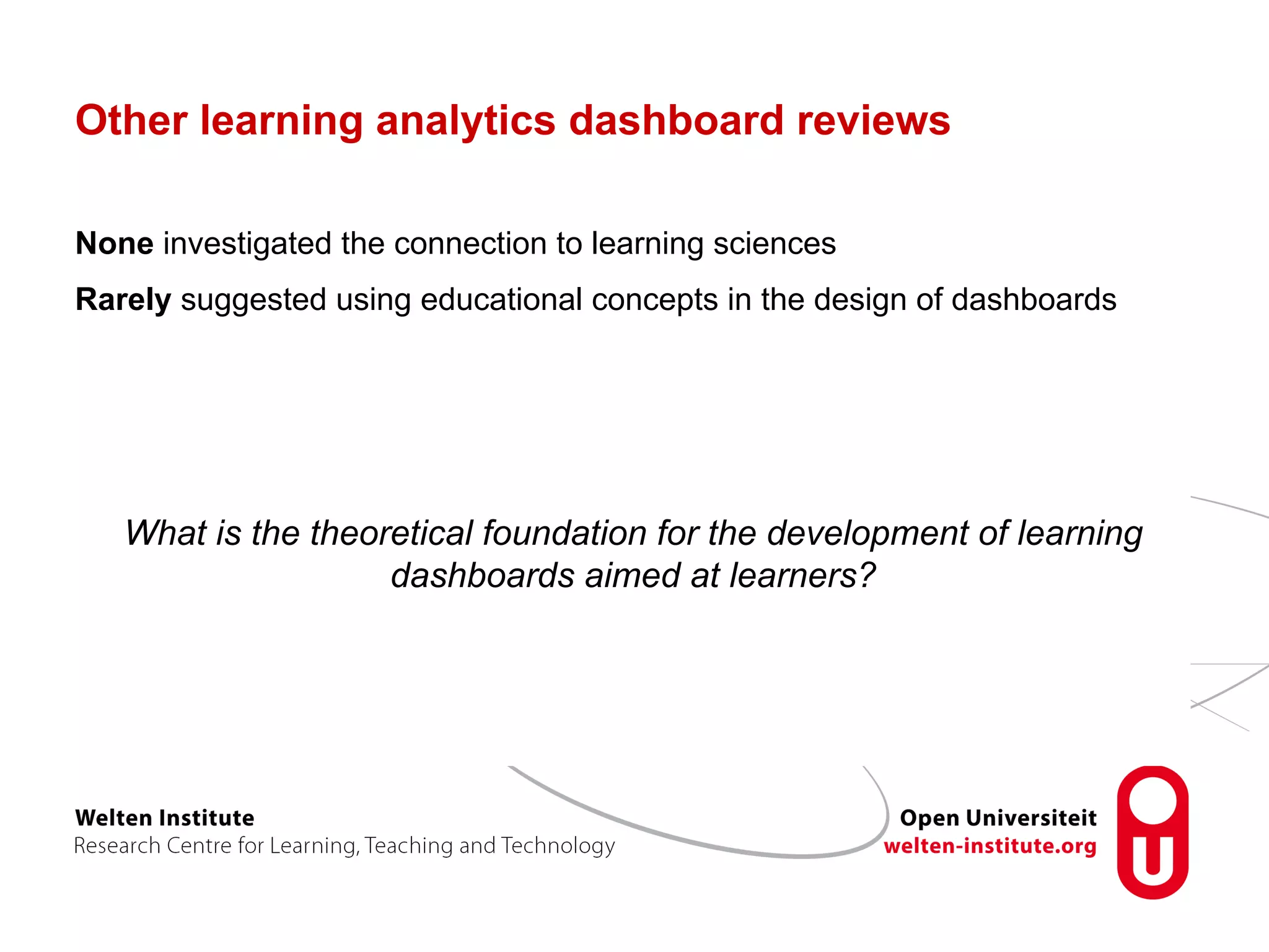 Other learning analytics dashboard reviews
None investigated the connection to learning sciences
Rarely suggested using educational concepts in the design of dashboards
What is the theoretical foundation for the development of learning
dashboards aimed at learners?
 