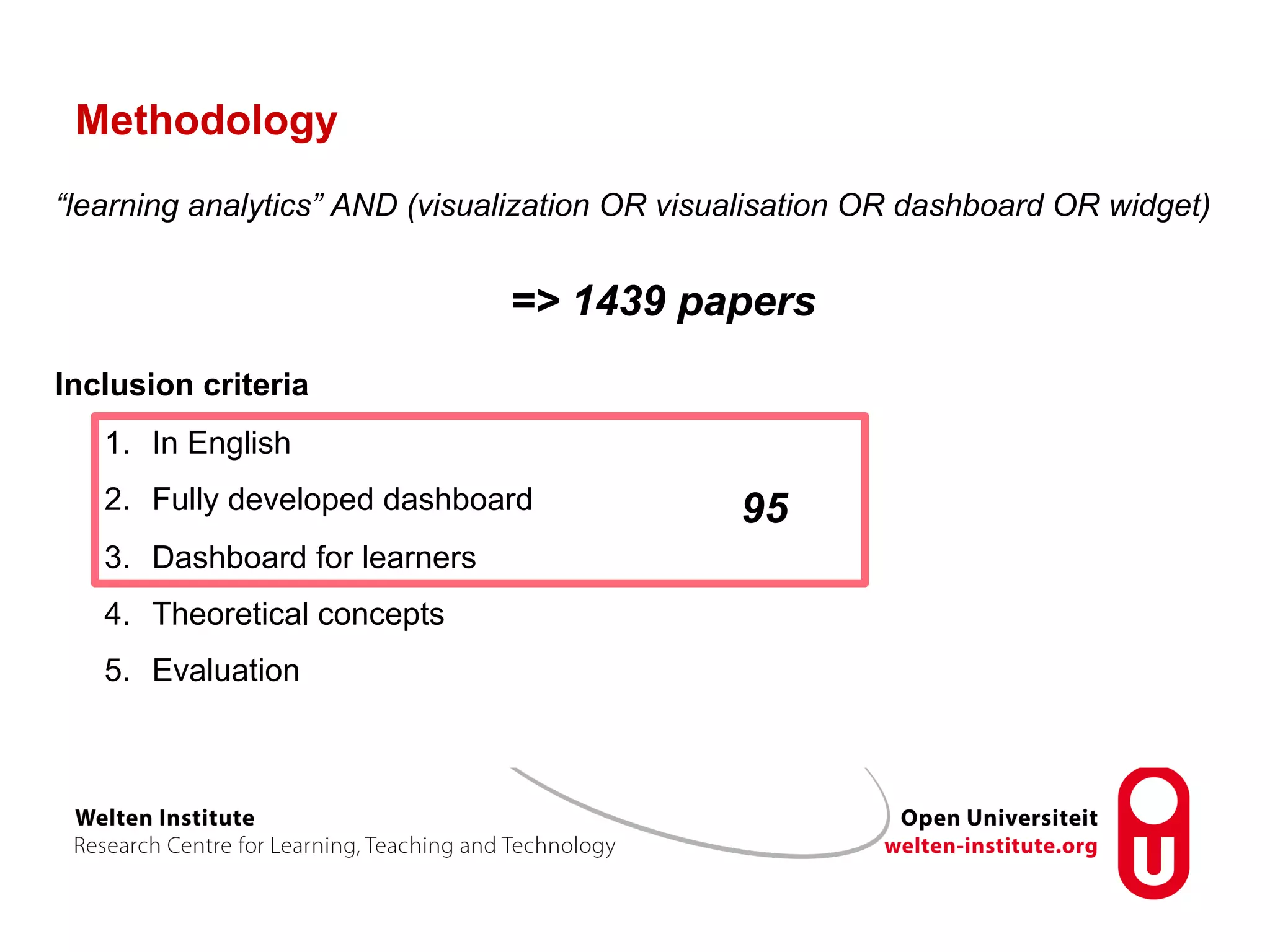 Methodology
“learning analytics” AND (visualization OR visualisation OR dashboard OR widget)
=> 1439 papers
Inclusion criteria
1.  In English
2.  Fully developed dashboard
3.  Dashboard for learners
4.  Theoretical concepts
5.  Evaluation
95
 