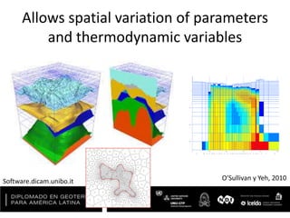 Allows spatial variation of parameters
and thermodynamic variables
Software.dicam.unibo.it O’Sullivan y Yeh, 2010
 