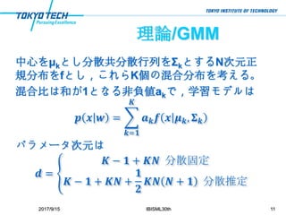 理論/GMM
中心をμkとし分散共分散行列をΣkとするN次元正
規分布をfとし，これらK個の混合分布を考える。
混合比は和が1となる非負値akで，学習モデルは
𝒑 𝒙 𝒘 =
𝒌=𝟏
𝑲
𝒂 𝒌 𝒇 𝒙 𝝁 𝒌, 𝚺 𝒌
パラメータ次元は
𝒅 =
𝑲 − 𝟏 + 𝑲𝑵 分散固定
𝑲 − 𝟏 + 𝑲𝑵 +
𝟏
𝟐
𝑲𝑵 𝑵 + 𝟏 分散推定
2017/9/15 IBISML30th 11
 
