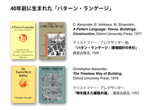 C. Alexander, S. Ishikawa, M. Silverstein,
A Pattern Language: Towns, Buildings,
Construction, Oxford University Press, 1977
40年前に生まれた「パターン・ランゲージ」
Christopher Alexander,
The Timeless Way of Building,
Oxford University Press, 1979
クリストファー・アレグザンダー,
『時を超えた建設の道』 , 鹿島出版会, 1993
クリストファー・アレグザンダー 他,
『パタン・ランゲージ：環境設計の手引』,
鹿島出版会, 1984
 