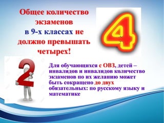 Общее количество
экзаменов
в 9-х классах не
должно превышать
четырех!
Для обучающихся с ОВЗ, детей –
инвалидов и инвалидов количество
экзаменов по их желанию может
быть сокращено до двух
обязательных: по русскому языку и
математике
 