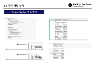 11
2.1 가격 패턴 분석
Cosine Similar 분석 예시
[…………………………………………………….………………………..]
[…………………………………………………….………………………..]
 