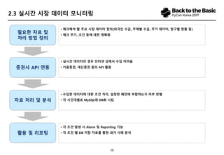 15
2.3 실시간 시장 데이터 모니터링
필요한 자료 및
처리 방법 정의
증권사 API 연동
자료 처리 및 분석
활용 및 리포팅
• 체크해야 할 주요 시장 데이터 정의(외국인 수급, 주체별 수급, 주가 데이터, 창구별 현황 등)
• 체크 주기, 조건 등에 대한 명확화
• 실시간 데이터의 경우 인터넷 상에서 수집 어려움
• 키움증권, 대신증권 등의 API 활용
• 수집한 데이터에 대한 조건 처리, 설정한 패턴에 부합하는지 여부 판별
• 각 시간대별로 MySQL에 DB화 시킴
• 각 조건 발생 시 Alarm 및 Reporting 기능
• 각 조건 별 DB 저장 자료를 통한 과거 사례 분석
 