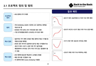 23
3.3 주요 변수의 정의
 IPO 주가 형성에 영향을 미치는 변수 24가지 추출함.
 총 60개 선정 이후 중복성, 중요도, 계량화 가능성 등을 검토하여 범위 축소
 각 단계는 1~5로 구분. 일부는 clustering 기법 활용하였으며, 일부는 투자자입장에서 유의미한 기준 구분
 