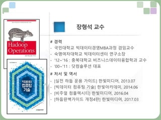 # 경력
- 국민대학교 빅데이터경영MBA과정 겸임교수
- 숙명여자대학교 빅데이터센터 연구소장
- ‘12~’16 : 충북대학교 비즈니스데이터융합학과 교수
- ‘00~’11 : 닷컴솔루션 대표
# 저서 및 역서
- [실전 하둡 운용 가이드] 한빛미디어, 2013.07
- [빅데이터 컴퓨팅 기술] 한빛아카데미, 2014.06
- [비주얼 컴플렉시티] 한빛미디어, 2016.04
- [하둡완벽가이드 개정4판] 한빛미디어, 2017.03
장형석 교수
 