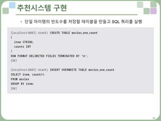 29
추천시스템 구현
• 단일 아이템의 빈도수를 저장할 테이블을 만들고 SQL 쿼리를 실행
 