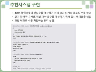 32
추천시스템 구현
• 100K 데이터셋의 빈도수를 계산하기 전에 중간 단계의 레코드 수를 확인
• 먼저 장바구니(사용자)별 아이템 수를 계산하기 위해 임시 테이블을 생성
• 조합 레코드 수를 확인하는 쿼리 실행
 
