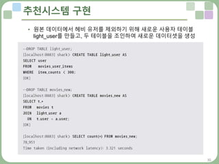35
추천시스템 구현
• 원본 데이터에서 헤비 유저를 제외하기 위해 새로운 사용자 테이블
light_user를 만들고, 두 테이블을 조인하여 새로운 데이터셋을 생성
 