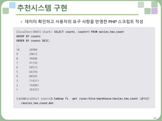 40
추천시스템 구현
• 데이터 확인하고 사용자의 요구 사항을 반영한 PHP 스크립트 작성
 