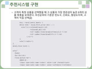 50
추천시스템 구현
• 고객이 특정 상품을 선택했을 때 그 상품과 가장 연관성이 높은 5개의 상
품 목록을 보여준다. 우선순위의 기준은 빈도수, 신뢰도, 향상도이며, 고
객이 직접 선택(2)
 