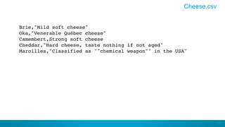 44
Brie,"Mild soft cheese" 
Oka,"Venerable Québec cheese" 
Camembert,Strong soft cheese 
Cheddar,"Hard cheese, taste nothing if not aged" 
Maroilles,"Classified as ""chemical weapon"" in the USA" 
Cheese.csv
 