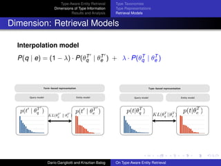 Type-Aware Entity Retrieval
Dimensions of Type Information
Results and Analysis
Type Taxonomies
Type Representations
Retrieval Models
Dimension: Retrieval Models
Interpolation model
P(q | e) = (1 − λ) · P(θT
q | θT
e ) + λ · P(θT
q | θT
e )
Dar´ıo Garigliotti and Krisztian Balog On Type-Aware Entity Retrieval
 