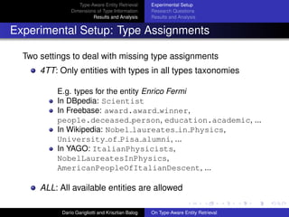 Type-Aware Entity Retrieval
Dimensions of Type Information
Results and Analysis
Experimental Setup
Research Questions
Results and Analysis
Experimental Setup: Type Assignments
Two settings to deal with missing type assignments
4TT: Only entities with types in all types taxonomies
E.g. types for the entity Enrico Fermi
In DBpedia: Scientist
In Freebase: award.award winner,
people.deceased person, education.academic, ...
In Wikipedia: Nobel laureates in Physics,
University of Pisa alumni, ...
In YAGO: ItalianPhysicists,
NobelLaureatesInPhysics,
AmericanPeopleOfItalianDescent, ...
ALL: All available entities are allowed
Dar´ıo Garigliotti and Krisztian Balog On Type-Aware Entity Retrieval
 