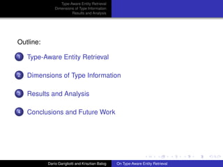 Type-Aware Entity Retrieval
Dimensions of Type Information
Results and Analysis
Outline:
1 Type-Aware Entity Retrieval
2 Dimensions of Type Information
3 Results and Analysis
4 Conclusions and Future Work
Dar´ıo Garigliotti and Krisztian Balog On Type-Aware Entity Retrieval
 