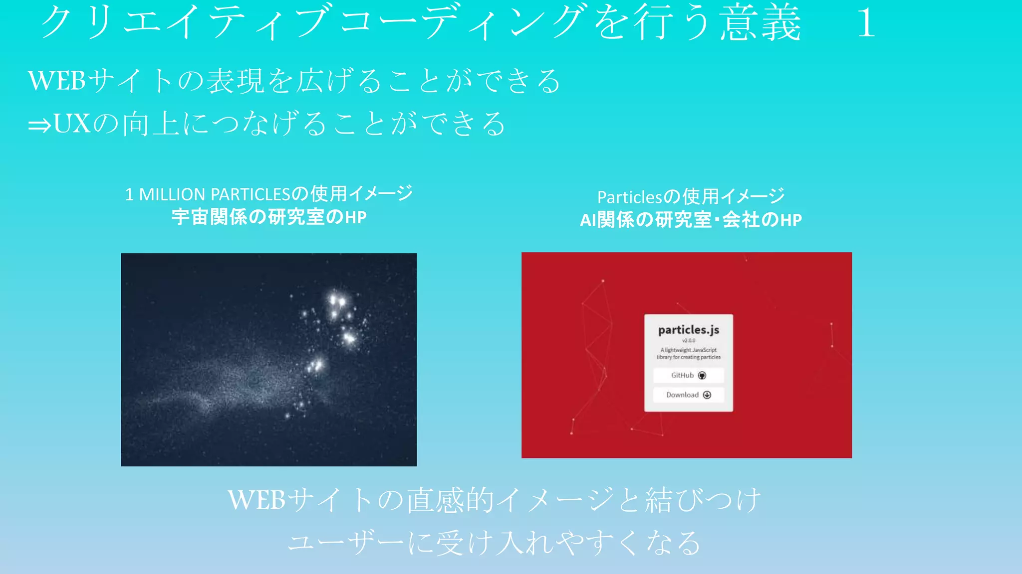 クリエイティブコーディングを行う意義 １
WEBサイトの表現を広げることができる
⇒UXの向上につなげることができる
1 MILLION PARTICLESの使用イメージ
宇宙関係の研究室のHP
Particlesの使用イメージ
AI関係の研究室・会社のHP
WEBサイトの直感的イメージと結びつけ
ユーザーに受け入れやすくなる
 