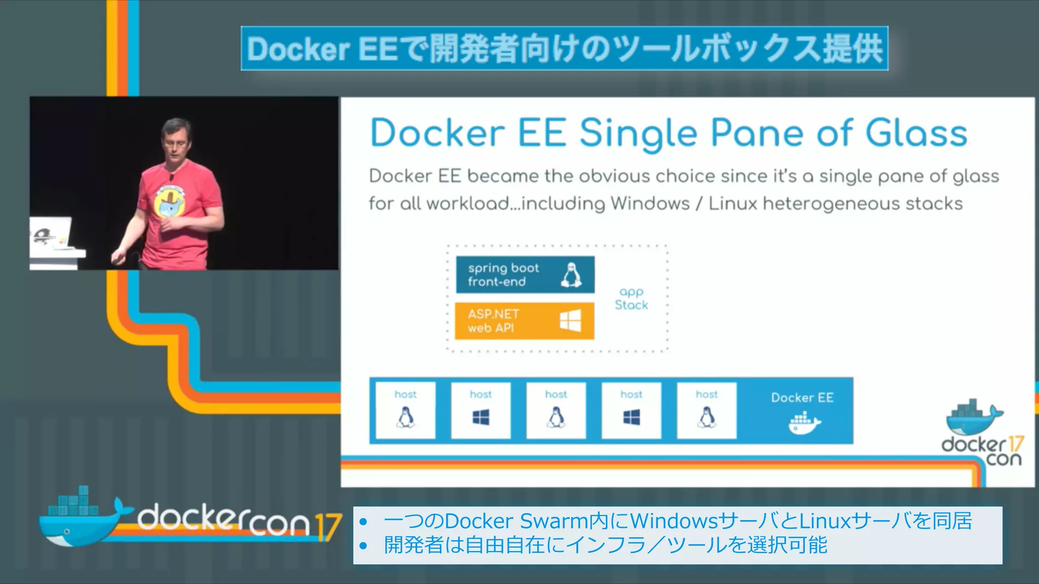 THANK YOU :)
• ⼀つのDocker Swarm内にWindowsサーバとLinuxサーバを同居
• 開発者は⾃由⾃在にインフラ／ツールを選択可能
 