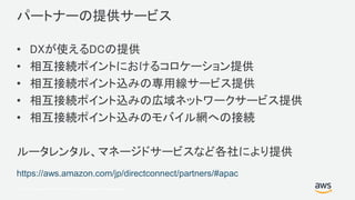 © 2017, Amazon Web Services, Inc. or its Affiliates. All rights reserved.
パートナーの提供サービス
• DXが使えるDCの提供
• 相互接続ポイントにおけるコロケーション提供
• 相互接続ポイント込みの専用線サービス提供
• 相互接続ポイント込みの広域ネットワークサービス提供
• 相互接続ポイント込みのモバイル網への接続
ルータレンタル、マネージドサービスなど各社により提供
https://aws.amazon.com/jp/directconnect/partners/#apac
 