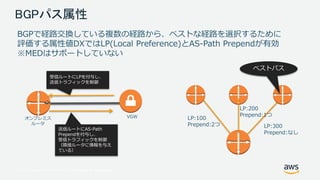 © 2017, Amazon Web Services, Inc. or its Affiliates. All rights reserved.
BGPパス属性
BGPで経路交換している複数の経路から、ベストな経路を選択するために
評価する属性値DXではLP(Local Preference)とAS-Path Prependが有効
※MEDはサポートしていない
LP:100
Prepend:2つ
LP:200
Prepend:1つ
LP:300
Prepend:なし
ベストパス
オンプレミス
ルータ
送信ルートにAS-Path
Prependを付与し、
受信トラフィックを制御
（隣接ルータに情報を与え
ている）
VGW
受信ルートにLPを付与し、
送信トラフィックを制御
 
