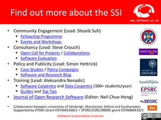 Software Sustainability Institute
www.software.ac.uk
Find out more about the SSI
• Community Engagement (Lead: Shoaib Sufi)
 Fellowship Programme
 Events and Workshops
• Consultancy (Lead: Steve Crouch)
 Open Call for Projects / Collaborations
 Software Evaluation
• Policy and Publicity (Lead: Simon Hettrick)
 Case Studies / Policy Campaigns
 Software and Research Blog
• Training (Lead: Aleksandra Nenadic)
 Software Carpentry and Data Carpentry (300+ students/year)
 Guides and Top Tips
• Journal of Open Research Software (Editor: Neil Chue Hong)
• Collaboration between universities of Edinburgh, Manchester, Oxford and Southampton
Supported by EPSRC Grant EP/H043160/1 + EPSRC/ESRC/BBSRC grant EP/N006410/1
 