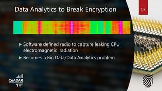 Data Analytics to Break Encryption
 Software defined radio to capture leaking CPU
electromagnetic radiation
 Becomes a Big Data/Data Analytics problem
13
 