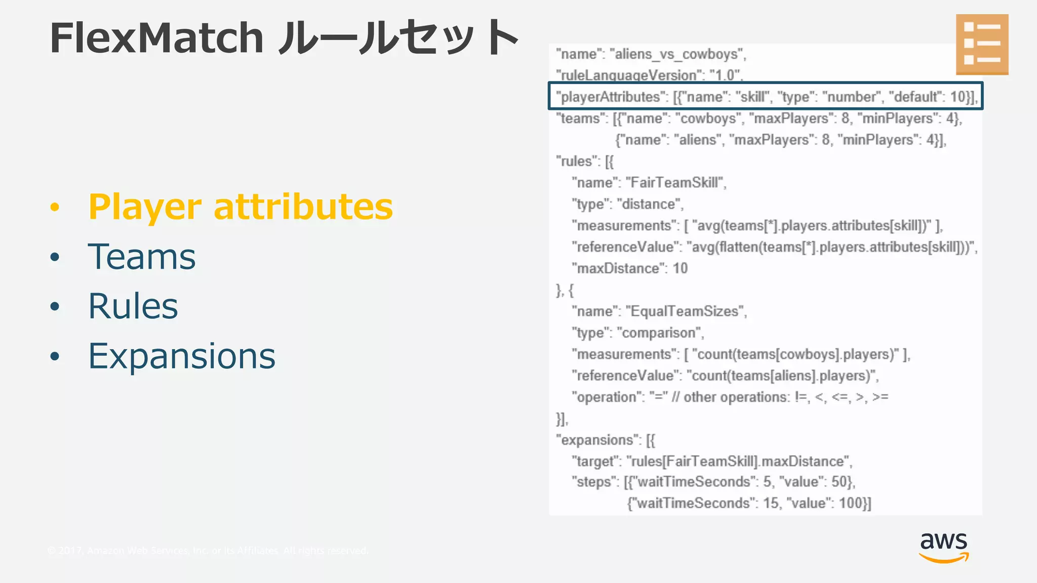 © 2017, Amazon Web Services, Inc. or its Affiliates. All rights reserved.
7SL O f
• S _L PI L
• IQM _
• Ga Q_
• :d M _U _
 