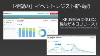 「待望の」イベントレジスト新機能
KPI確認等に便利な
機能が本日リリース！
http://info.eventregist.com/weblog/news-20170830
 