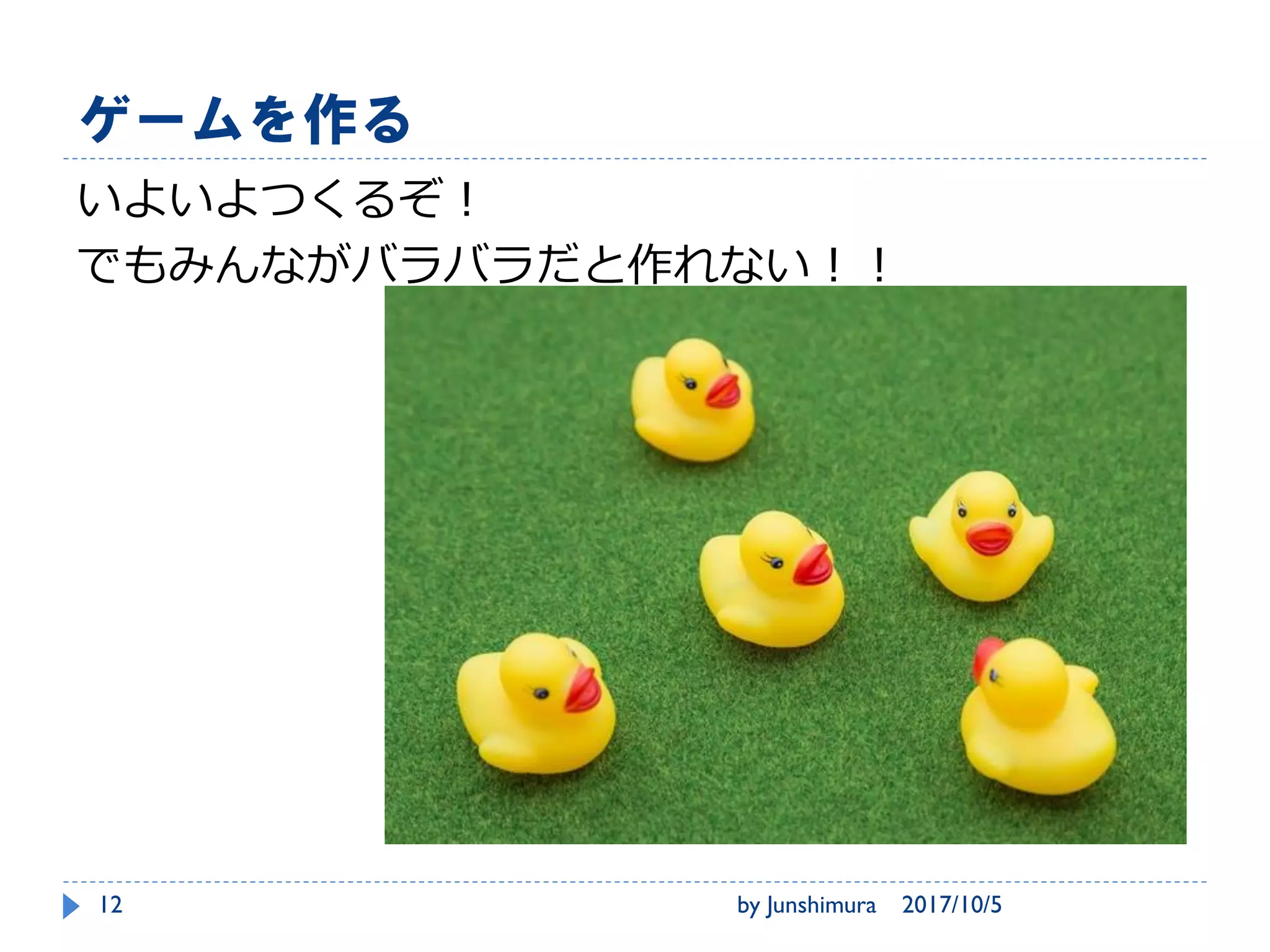 実際にかんがえてみよう！
::どんなゲームをつくるか考える::遊ぶ人
性別
年齢
国
2017/10/5by Junshimura12
 