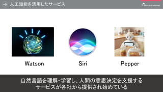人工知能を活用したサービス
22
自然言語を理解・学習し、人間の意思決定を支援する
サービスが各社から提供され始めている
Watson Siri Pepper
 