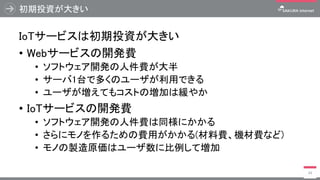 初期投資が大きい
IoTサービスは初期投資が大きい
• Webサービスの開発費
• ソフトウェア開発の人件費が大半
• サーバ1台で多くのユーザが利用できる
• ユーザが増えてもコストの増加は緩やか
• IoTサービスの開発費
• ソフトウェア開発の人件費は同様にかかる
• さらにモノを作るための費用がかかる(材料費、機材費など)
• モノの製造原価はユーザ数に比例して増加
34
 