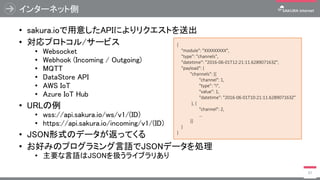• sakura.ioで用意したAPIによりリクエストを送出
• 対応プロトコル/サービス
• Websocket
• Webhook (Incoming / Outgoing)
• MQTT
• DataStore API
• AWS IoT
• Azure IoT Hub
• URLの例
• wss://api.sakura.io/ws/v1/(ID)
• https://api.sakura.io/incoming/v1/(ID)
• JSON形式のデータが返ってくる
• お好みのプログラミング言語でJSONデータを処理
• 主要な言語はJSONを扱うライブラリあり
インターネット側
97
{
"module": "XXXXXXXXX",
"type": "channels",
"datetime": "2016-06-01T12:21:11.628907163Z",
"payload": {
"channels": [{
"channel": 1,
"type": "i",
"value": 1,
"datetime": "2016-06-01T10:21:11.628907163Z"
}, {
"channel": 2,
…
}]
}
}
 