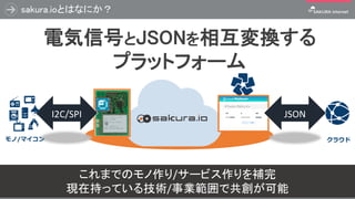 sakura.ioとはなにか？
78
クラウドモノ/マイコン
電気信号とJSONを相互変換する
プラットフォーム
I2C/SPI JSON
これまでのモノ作り/サービス作りを補完
現在持っている技術/事業範囲で共創が可能
 