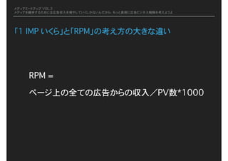 メディアミートアップ VOL.3
メディアを維持するためには広告収入を増やしていくしかないんだから、もっと真剣に広告ビジネス戦略を考えようよ
「1 IMP いくら」と「RPM」の考え方の大きな違い
RPM =
ページ上の全ての広告からの収入／PV数*1000
 