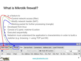 www.glcnetworks.com
What is Mikrotik firewall?
● Is a feature to
○ Control network access (filter)
○ Modify network header (NAT)
○ Marking packet for further processing (mangle)
● Developed from linux
● Consist of 2 parts: matcher & action
● Executed sequentially
● Netadmin must understand the application’s characteristics in order to build a
matcher (e.g. browsing -> using TCP port 80)
8
 