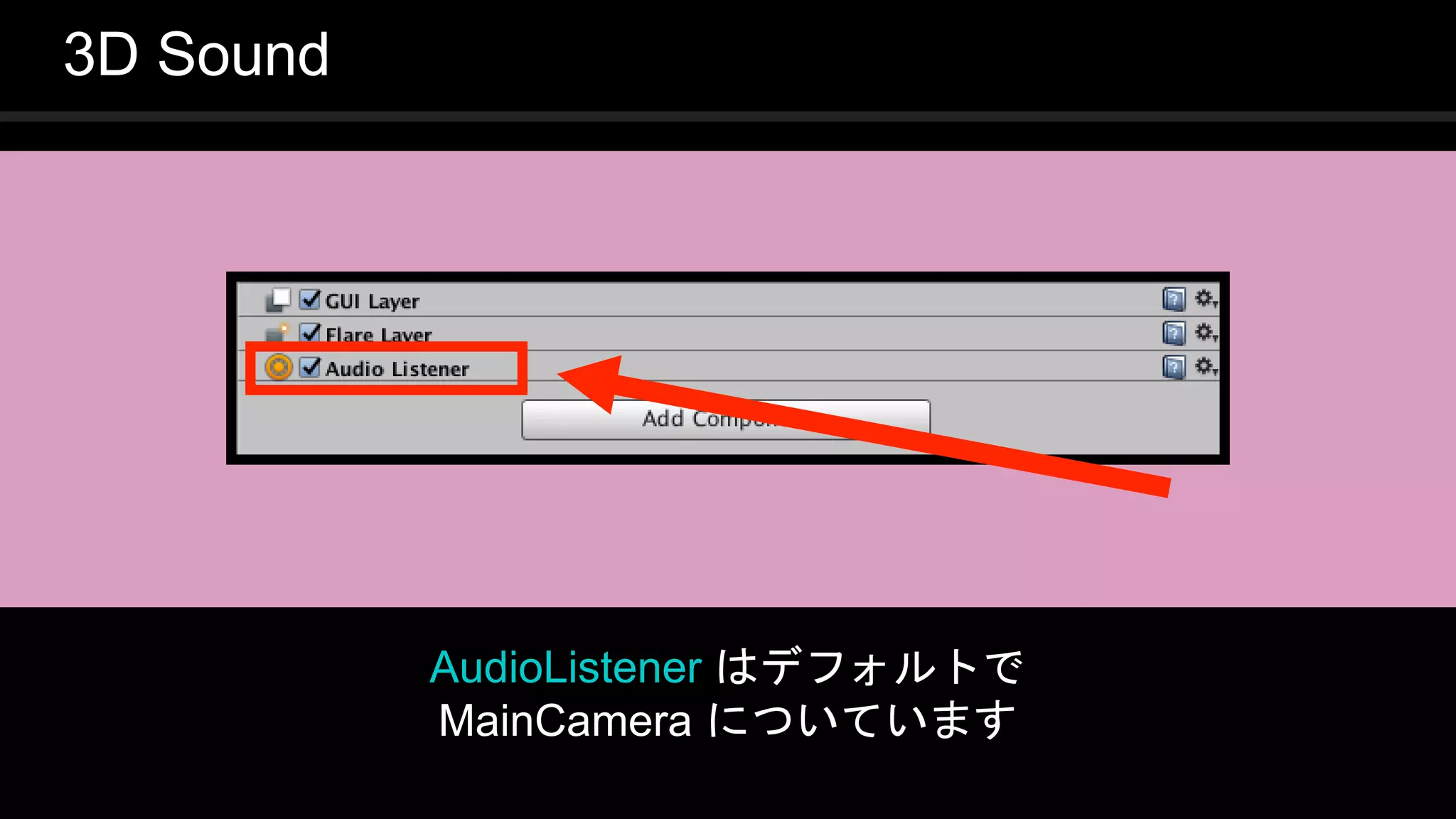 COPYRIGHT 2016 @ UNITY TECHNOLOGIES
JAPAN
AudioListener はデフォルトで
MainCamera についています
3D Sound
 