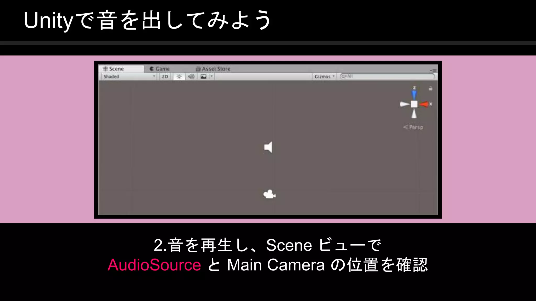 COPYRIGHT 2016 @ UNITY TECHNOLOGIES
JAPAN
Unityで音を出してみよう
2.音を再生し、Scene ビューで
AudioSource と Main Camera の位置を確認
 