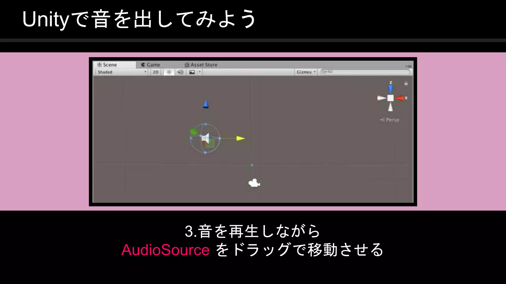 COPYRIGHT 2016 @ UNITY TECHNOLOGIES
JAPAN
Unityで音を出してみよう
3.音を再生しながら
AudioSource をドラッグで移動させる
 